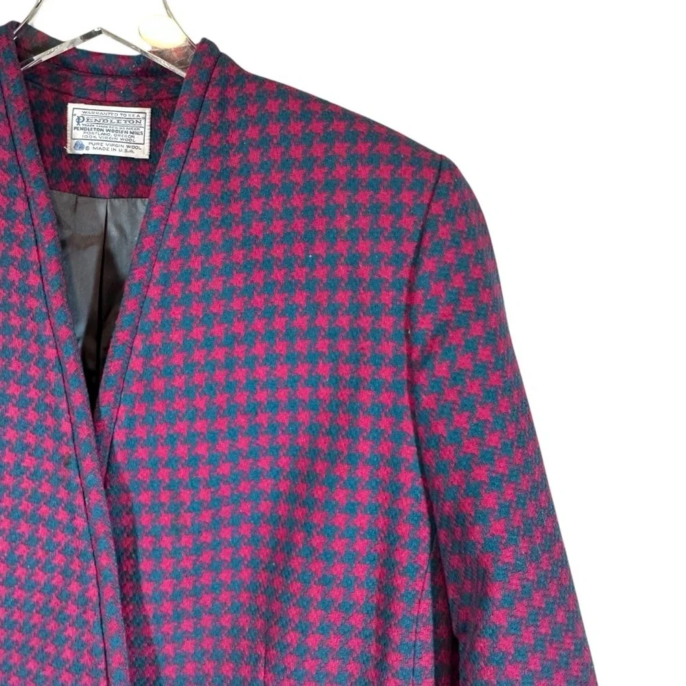 PENDLETON Women's 14W Plus Size Wool Blazer Magenta/Teal Houndstooth One Button